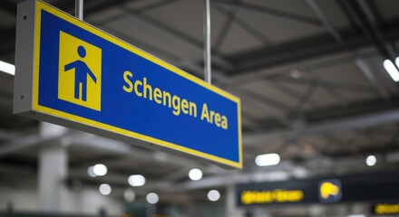 Fototapeta premium Schengen area airport sign with yellow symbol in modern terminal setting