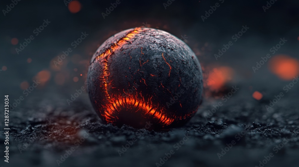Poster a glowing, textured baseball rests on a dark surface, emitting a fiery light, creating an intense an