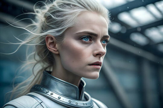 Nordic alien woman with striking blue eyes and pale skin, dressed in futuristic armor gazing into the distance with an intense expression