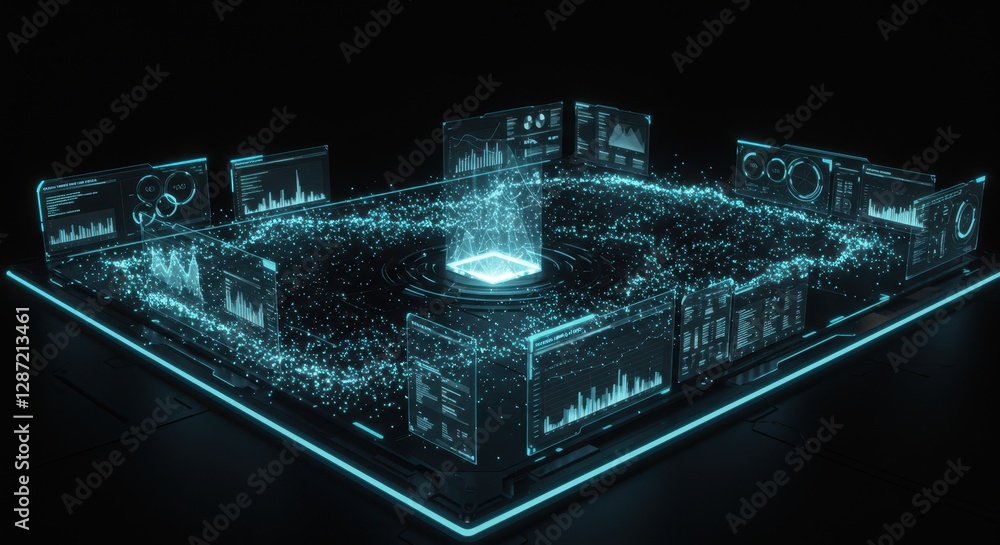 Poster futuristic holographic data interface with digital graphs and analytics in neon blue