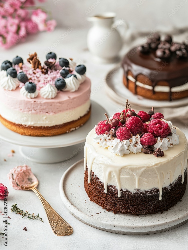 Poster delightful assortment of beautifully decorated cakes on display with fresh fruit and decorative topp