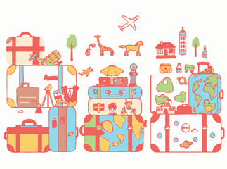 Naklejka premium Travel-themed suitcases with 15 adventure icons and souvenirs. Colorful vector illustration for travel enthusiasts.
