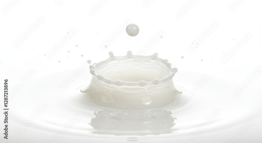 Poster splashing milk drop creating circular ripple on smooth white surface