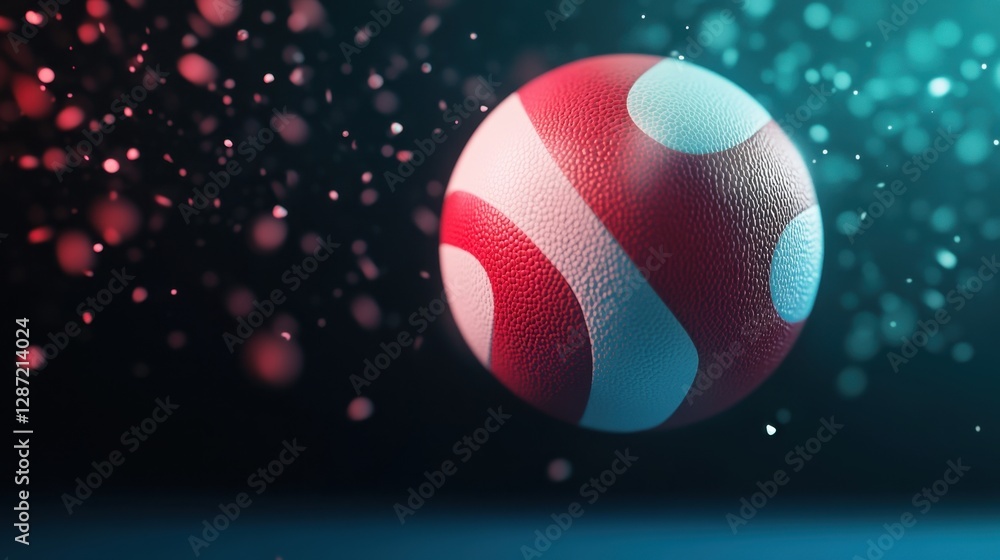 Poster a vibrant, abstract depiction of a spherical object with red and white patterns, surrounded by color