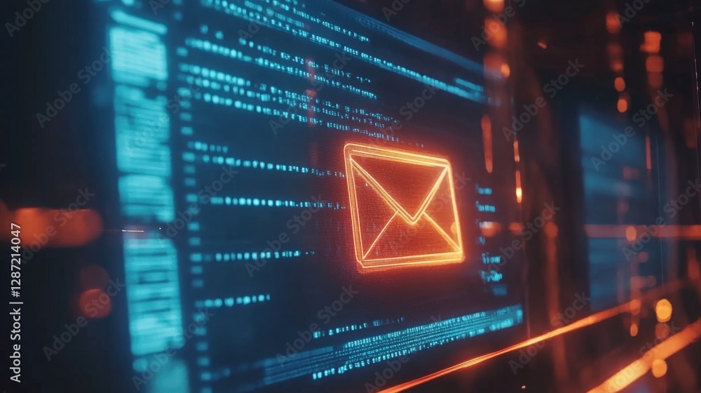 Poster futuristic computer interface displaying lines of code and an email icon, suggesting data transfer, 
