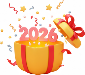 Festive 3D Render of 2026 Emerging from a Gift Box with Confetti and Stars