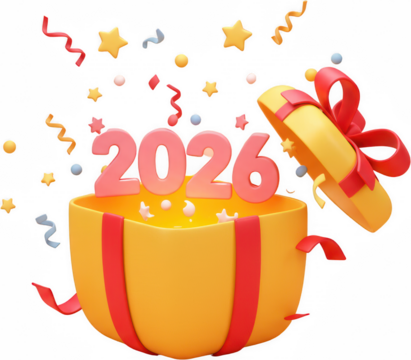 Festive 3D Render of 2026 Emerging from a Gift Box with Confetti and Stars