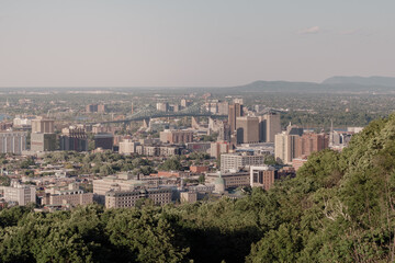 Close up on Montreal buildings and bridge, surrounded with trees