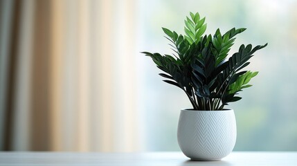 Fototapeta premium Windowsill plant, pot, greenery, home decor, interior, light, table, background, blurred, lifestyle