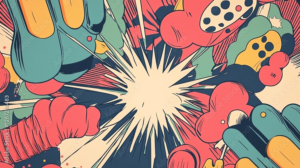 Poster colorful explosion of shapes and patterns in a captivating graphic design.