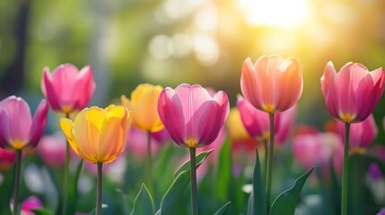 Sunlit tulips blooming in garden, spring background, greeting card