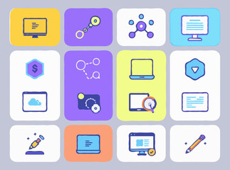 Colorful 15 Web Development Icons Collection in Flat Style