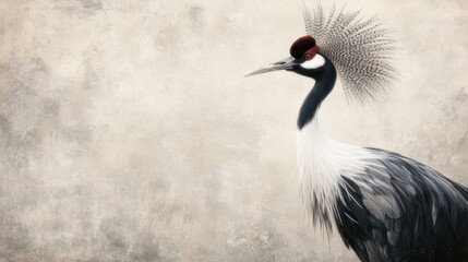 Obraz premium Grey Crowned Crane Profile Against Light Beige Wall
