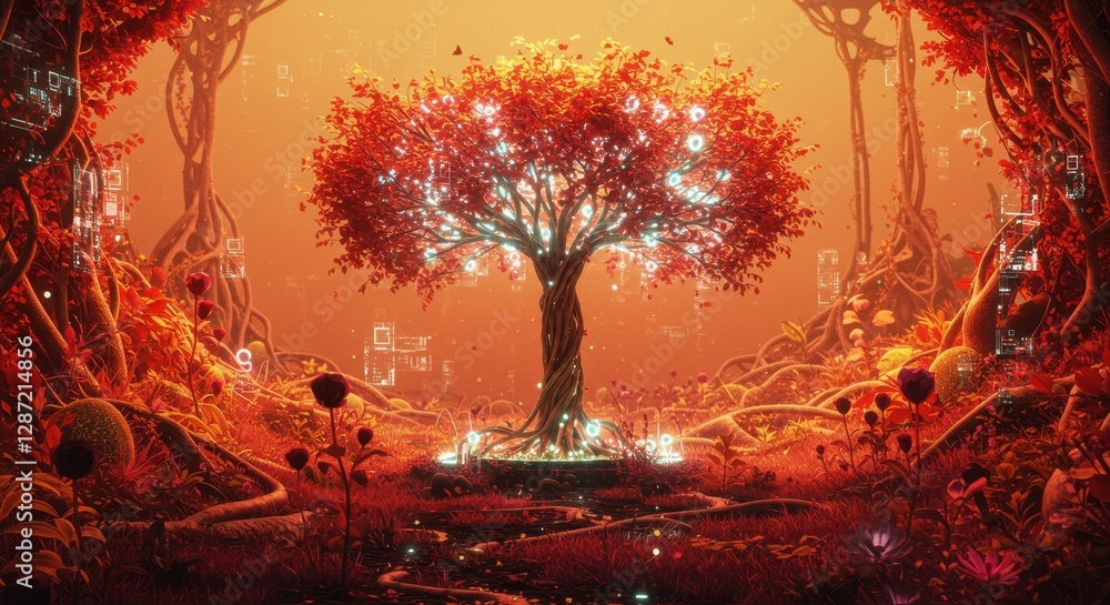 Poster enchanting digital tree with glowing circuitry in mystical autumn forest backdrop