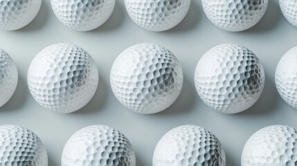 Fototapeta premium White golf balls arranged neatly on a grey surface, studio shot, clean background, website design