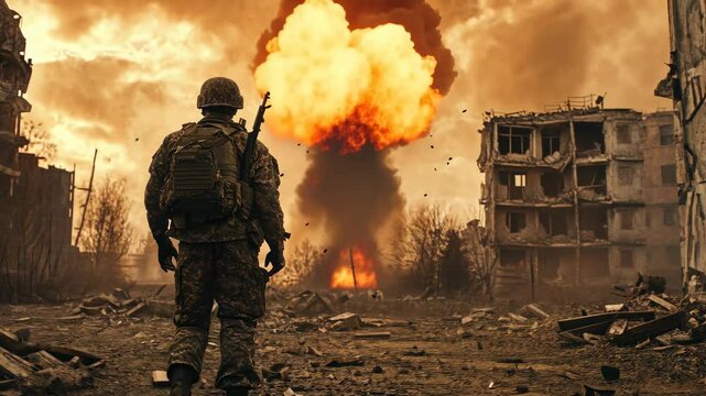 A soldier stands amidst ruins, watching a massive explosion. Cinematic, dramatic style with a low-angle shot, resembling a war video scene.