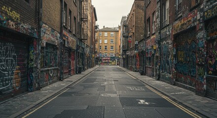 Fototapeta premium Urban alleyway graffiti art street scene with vibrant murals in city setting