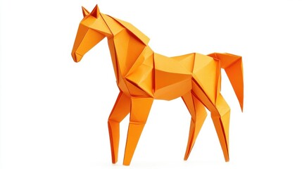 Orange origami paper horse standing alone on a white background