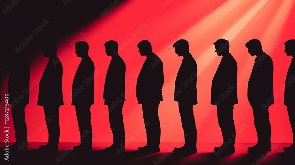 Poster silhouetted figures standing in a dramatic red light, creating an impactful visual scene.