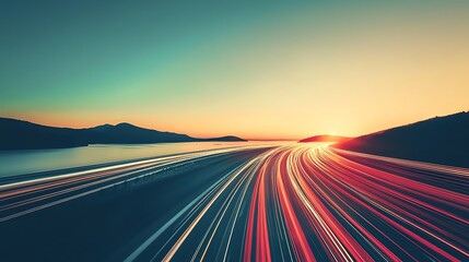 Obraz premium Streaks of light on a road under a beautiful sunset, showcasing motion and tranquility.