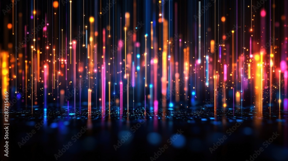 Poster colorful light particles falling on a futuristic circuit board create a vibrant and dynamic visual r