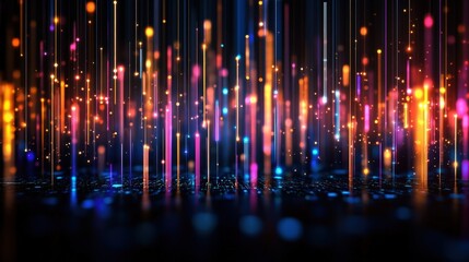 Colorful light particles falling on a futuristic circuit board create a vibrant and dynamic visual representation of digital data flow and cybersecurity