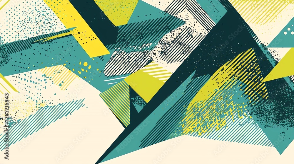 Poster vibrant abstract shapes and patterns in green, yellow, and blue create a dynamic visual.