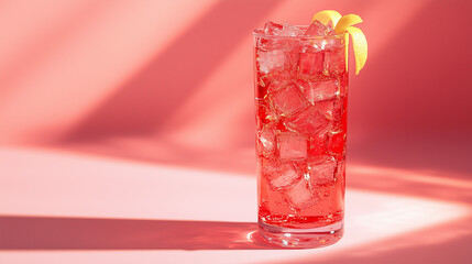 Refreshing Summer Cocktail with Ice and Lemon Peel on Pink Background