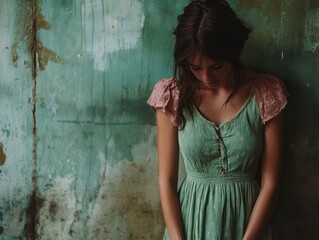 Fototapeta premium A Young Woman Embracing Resilience in a Feminine Dress Against a Textured Green Wall in Soft Natural Light
