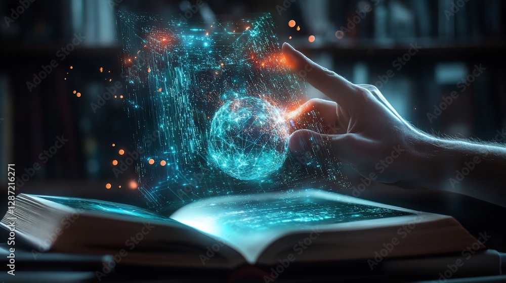 Poster futuristic technology interface projected from an open book with hand interacting
