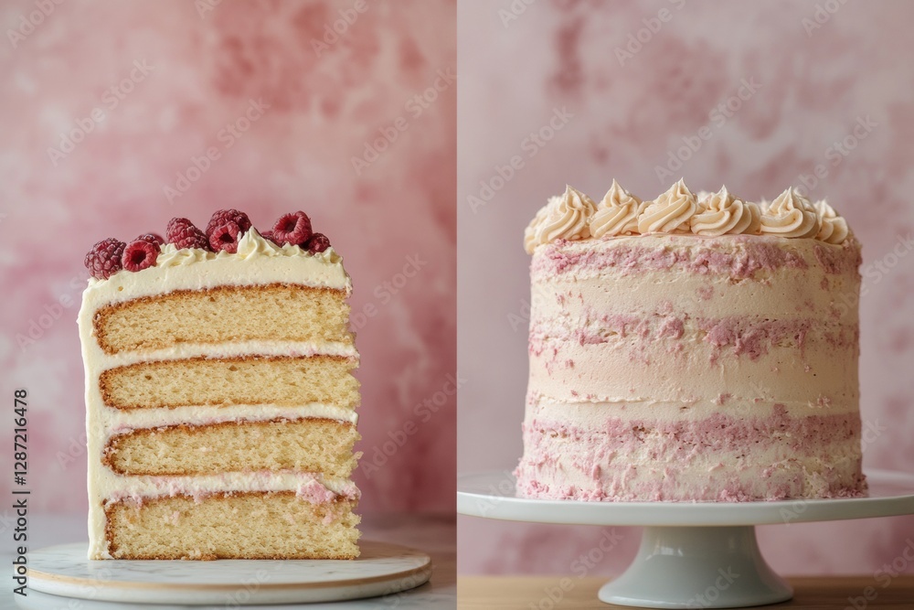 Poster Delicious layered cakes with raspberry toppings displayed against a pink backdrop. Generative AI