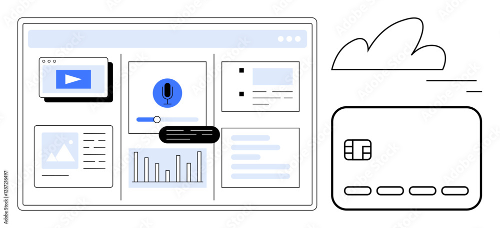Poster digital dashboard displaying video player, voice command icon, analytics graph, cloud symbol, and cr