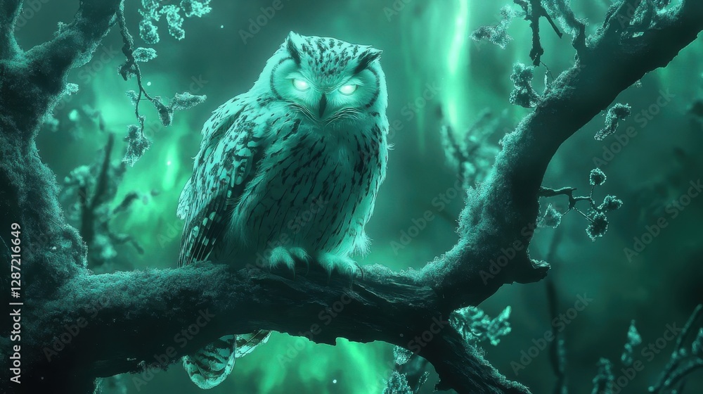 Poster the wise owl perched on a tree branch in a forest