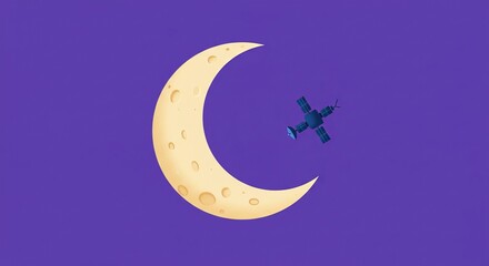 Satellite orbiting crescent moon against deep purple sky