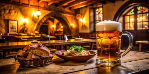 Fototapeta premium Immerse yourself in Czech pub culture: macro shots of hearty food and frothy beer.