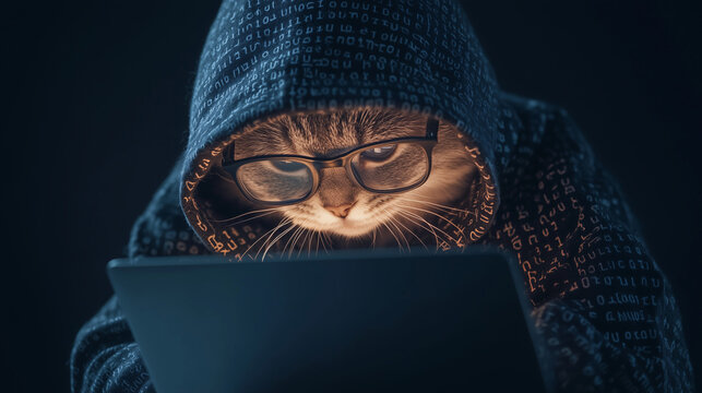 Cat wearing glasses and a hoodie using a tablet in a dimly lit environment