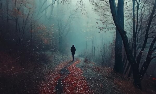 Solitary Walker in Misty Forest Path with Autumn Leaves with ai generated.