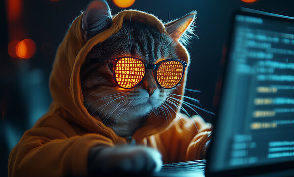 Cat wearing sunglasses and a hoodie, typing on a laptop surrounded by glowing binary code