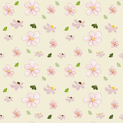 Seamless floral pattern with pink flowers and leaves, perfect for vintage spring and summer decor, creating a romantic and beautiful textile design