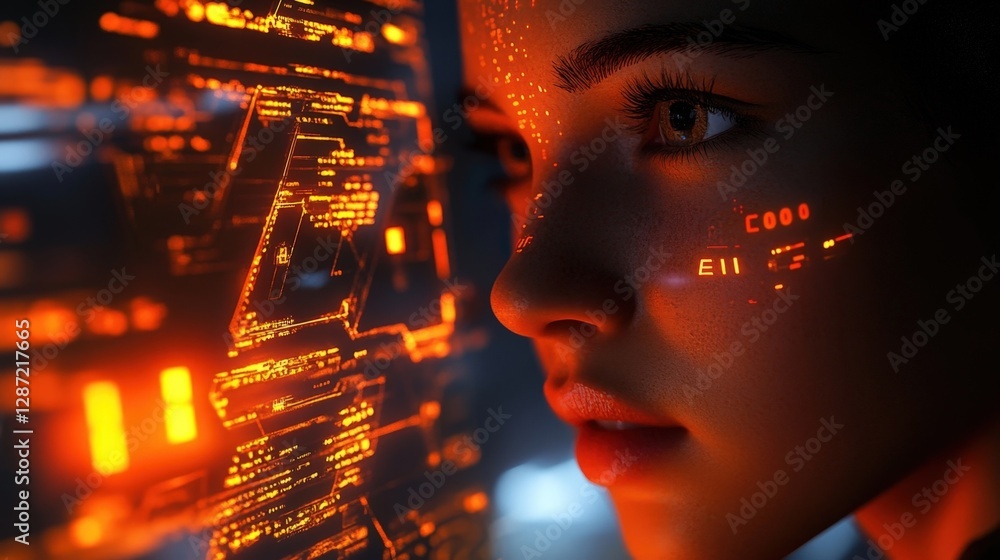 Poster female programmer with digital projections on her face analyzing orange data stream flowing from a v