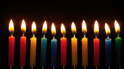Lit Candles in a Dark Setting Showing Colorful Wax and Bright Flames