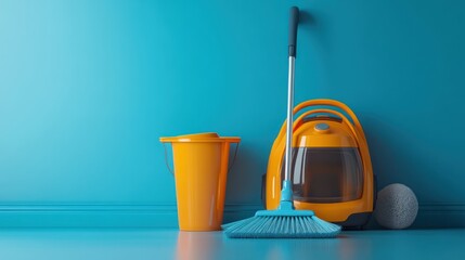 Teal room, orange vacuum, broom, bucket, cleaning