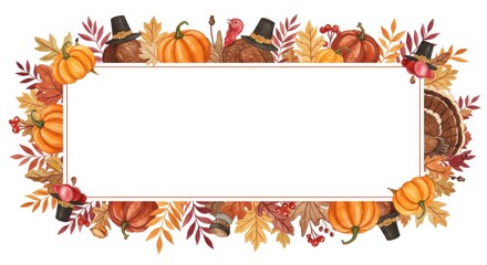 Fototapeta premium Thanksgiving border with pumpkins, turkeys, and autumn leaves