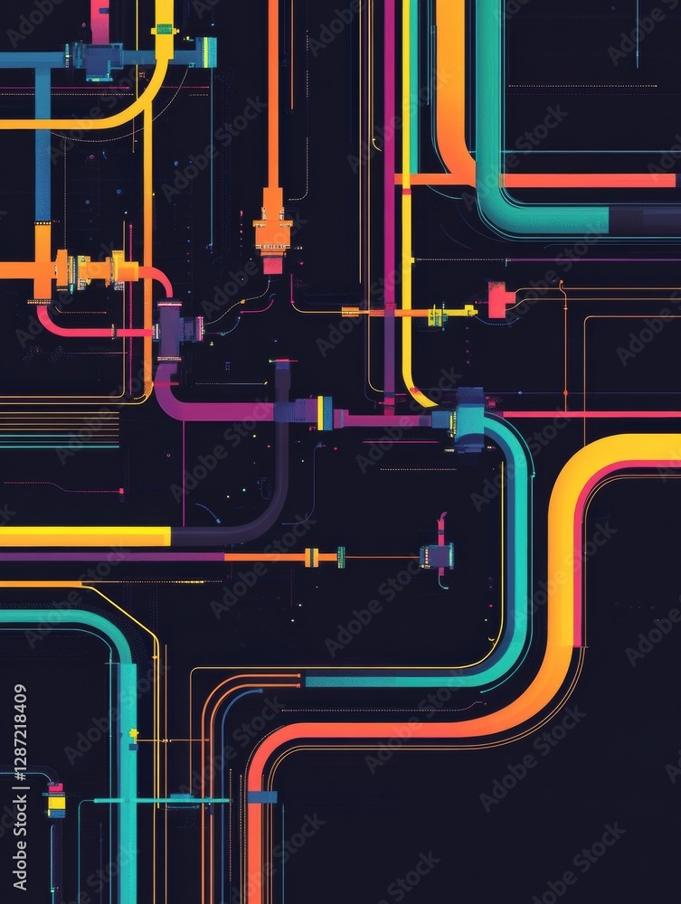 Poster Gas pipeline flow visualization showcasing interconnected pathways in a minimalist design with vibrant colors. Generative AI