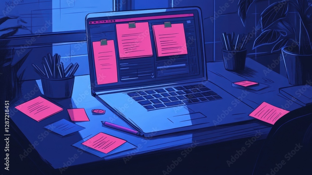 Aufkleber laptop computer open on desk at night with pink sticky notes, reflecting the work of a programmer fo