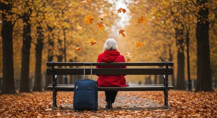 Woman in red coat with luggage on park bench surrounded by autumn leaves