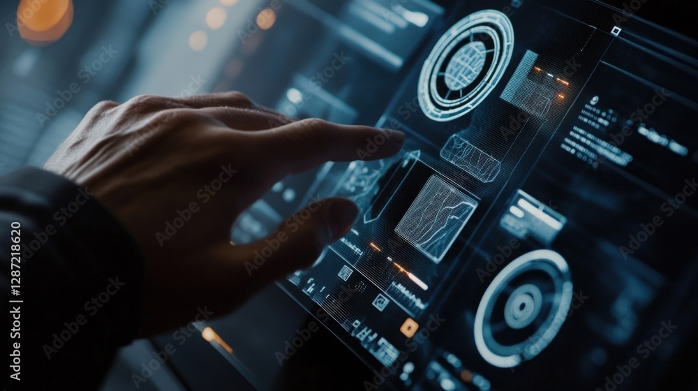 Poster hand touching futuristic transparent display with fingerprint scanner and data analysis software, po
