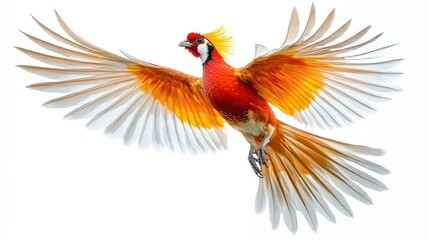Naklejka premium Red bird, wings spread, soaring, white background, design element