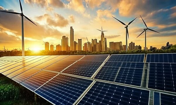 Sustainable Cityscape: Solar Panels and Wind Turbines at Sunset