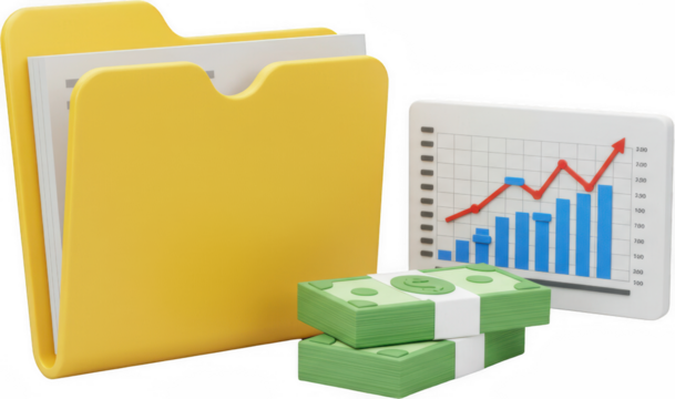 Financial Growth Data Files Upward Trend Graph and Stacks of Cash